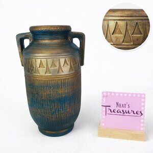 Norleans Japan Blue Gold Metallic Aztec Style Double Handle Ceramic 9.5 Urn Vase